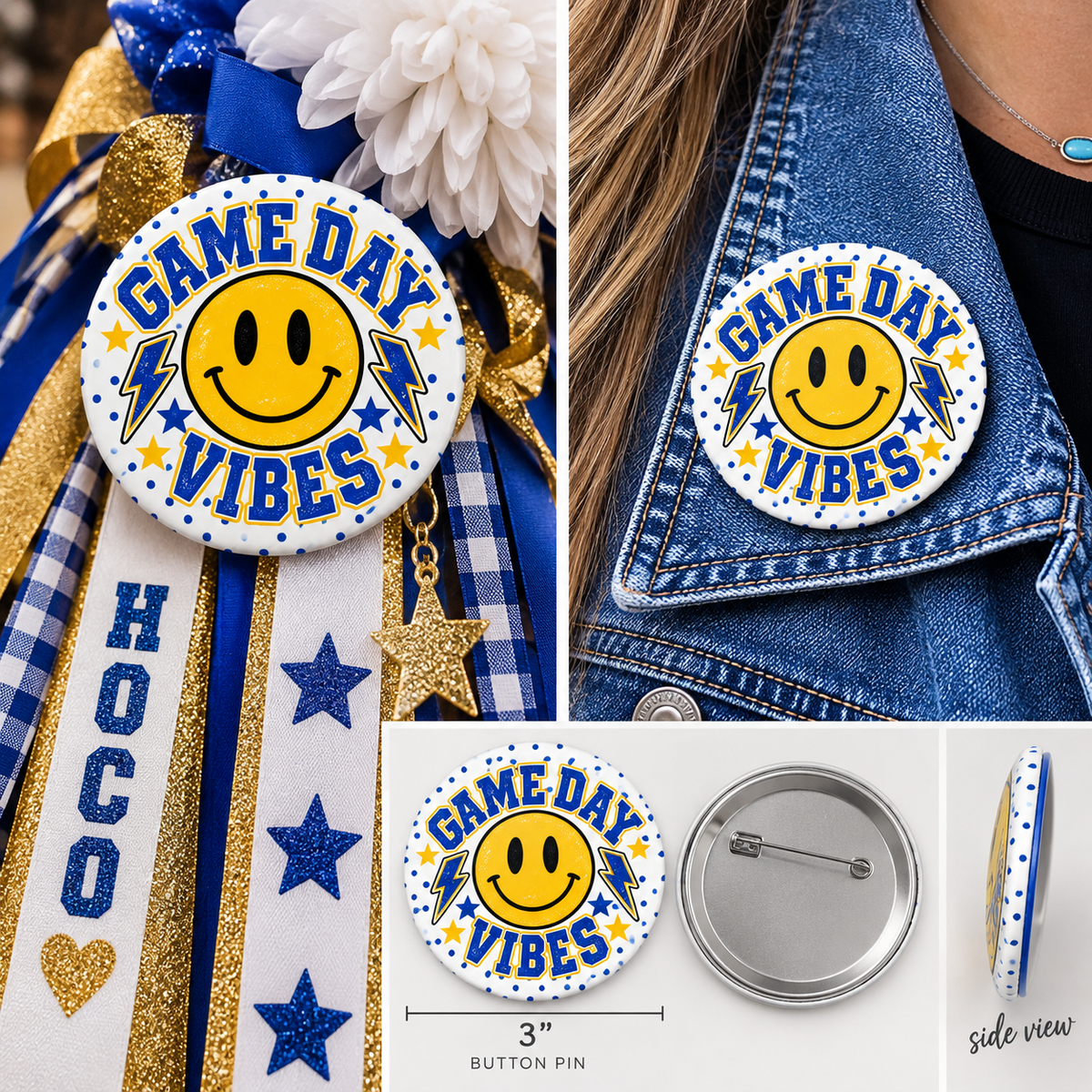 Game Day Vibes Pin Button — Smiley Sports Supporter Accessory