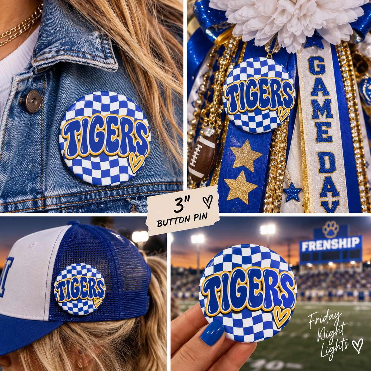 Tigers Pin Button — Blue Checkered Spirit Button with Heart