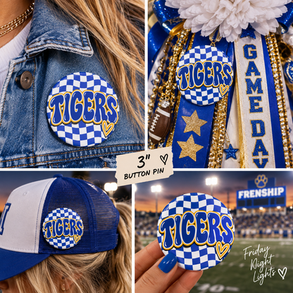 Tigers Pin Button — Blue Checkered Spirit Button with Heart