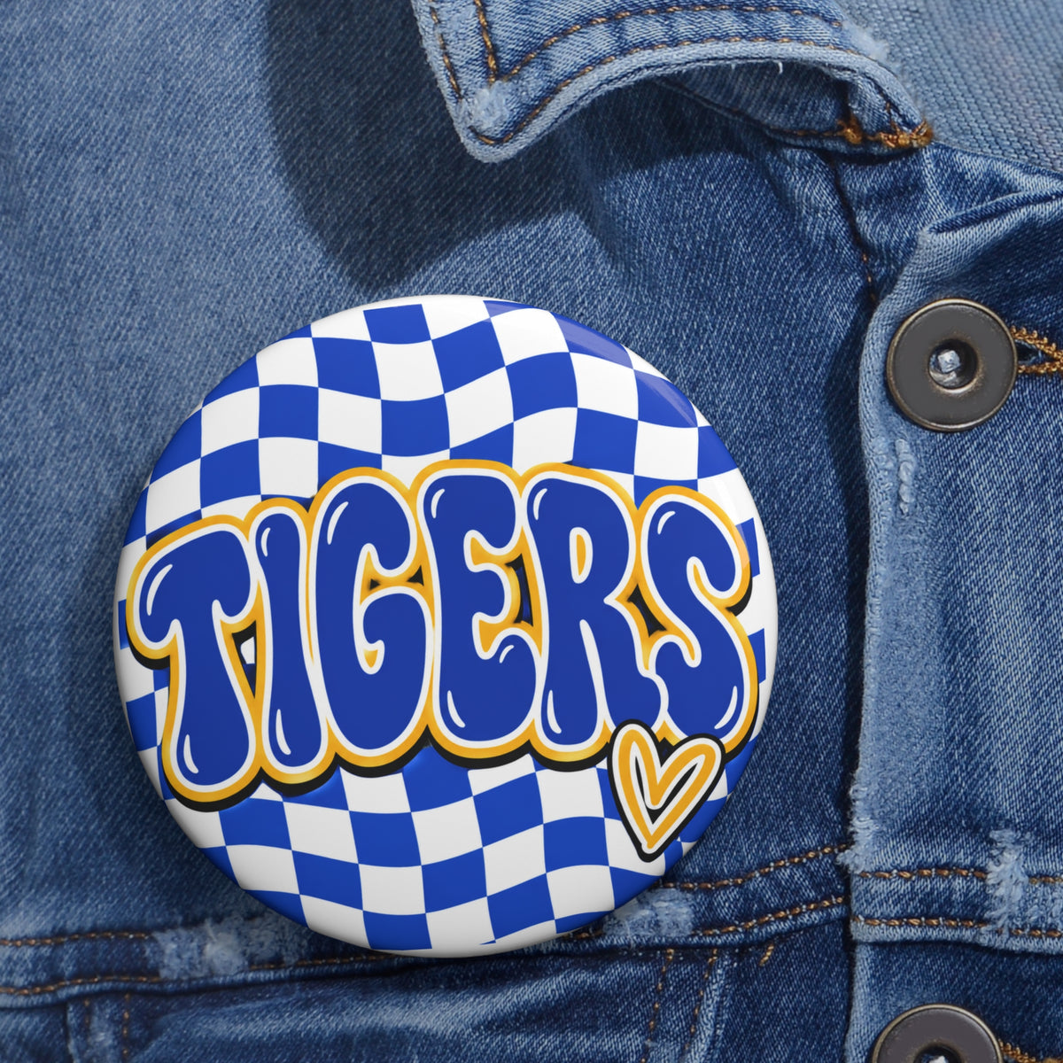 Tigers Pin Button — Blue Checkered Spirit Button with Heart