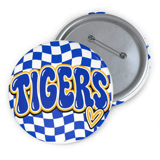 Tigers Pin Button — Blue Checkered Spirit Button with Heart